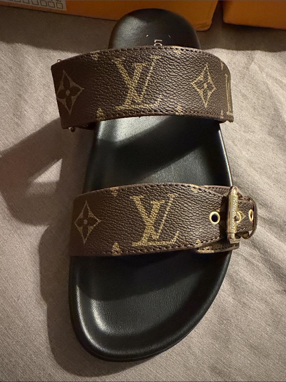 Brown Monogram Double-Strap Women's Slide Sandal